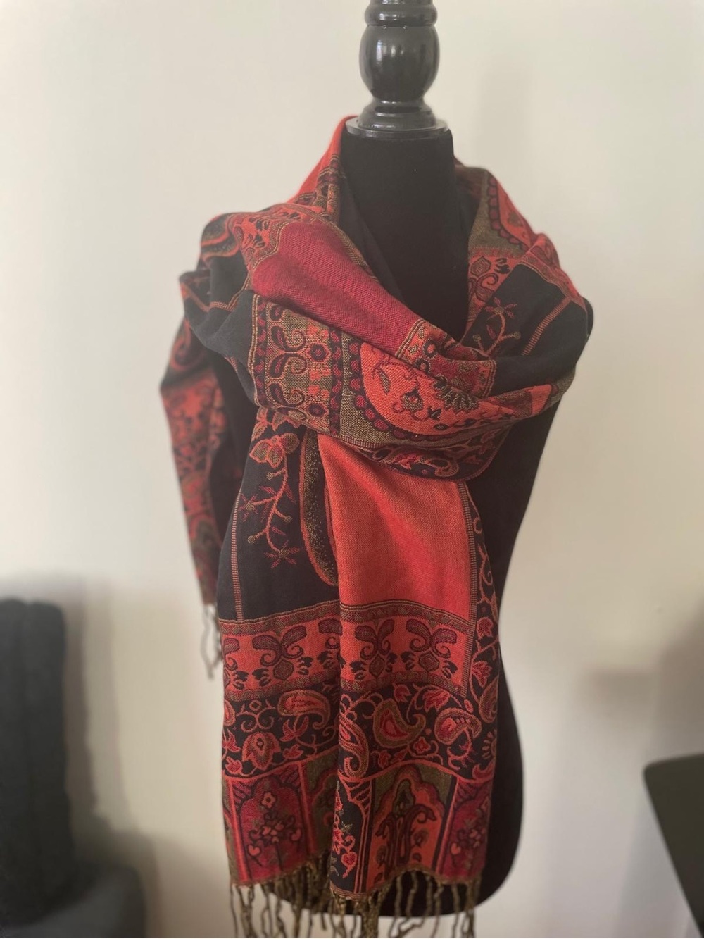 Paisley Fringe Wrap Scarf in Red and Black - Home Accents Decor